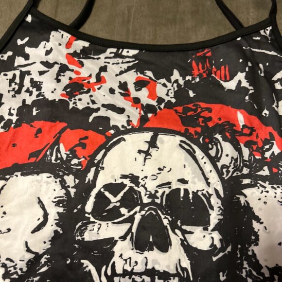 Skull Roses Print Black Red Skater Grunge Emo Goth Spaghetti Strap Large or Med - Picture 7 of 9